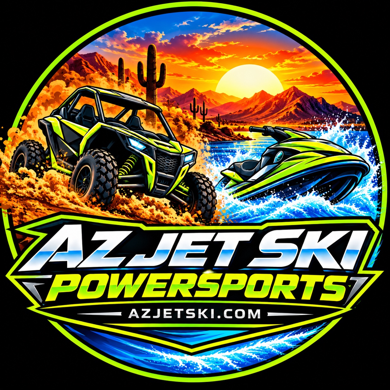 AZ Jet Ski Powersports logo with UTV and jet ski against an Arizona desert and water background