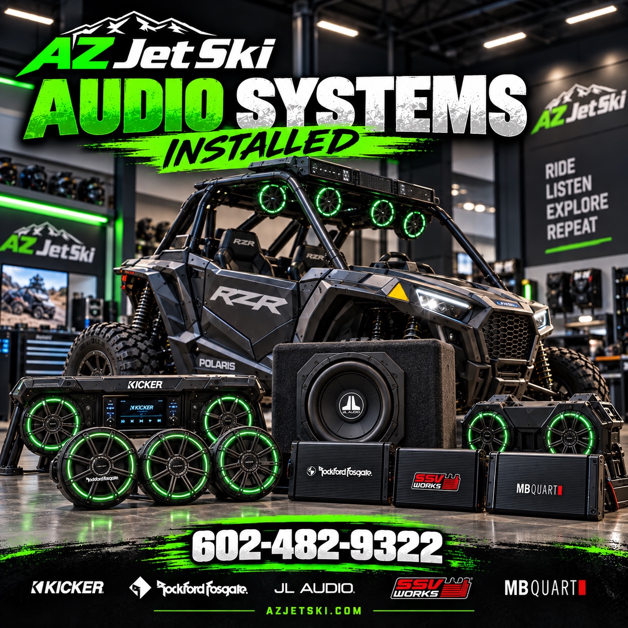 UTV audio systems and speakers displayed with a Polaris RZR at a Phoenix powersports shop