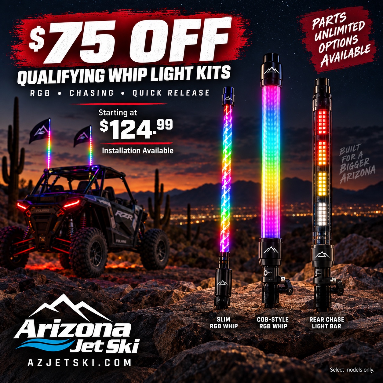 RGB whip light kits for UTV and side-by-side installation in Phoenix Arizona